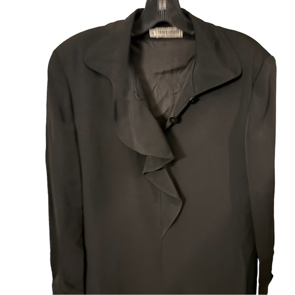 Giorgio Armani Italy Solid Black Dress Ruffle V-Neck Back Zip Size US 6 EU 40 - Picture 2 of 11